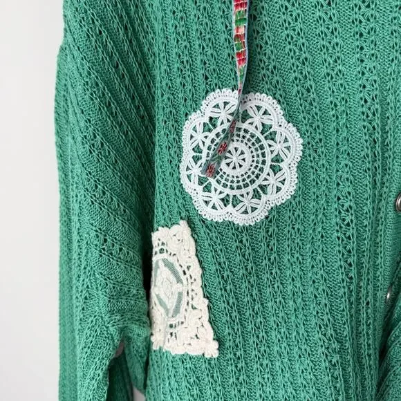 POL | Green Crochet Patchwork Knit Hooded Cardigan Granny Size Small Oversized - Picture 5 of 11